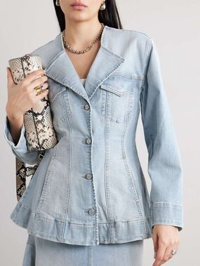 $395 Ganni Light Blue Denim Peplum Jacket Blazer Logo Designer Size 34 US 2 XS